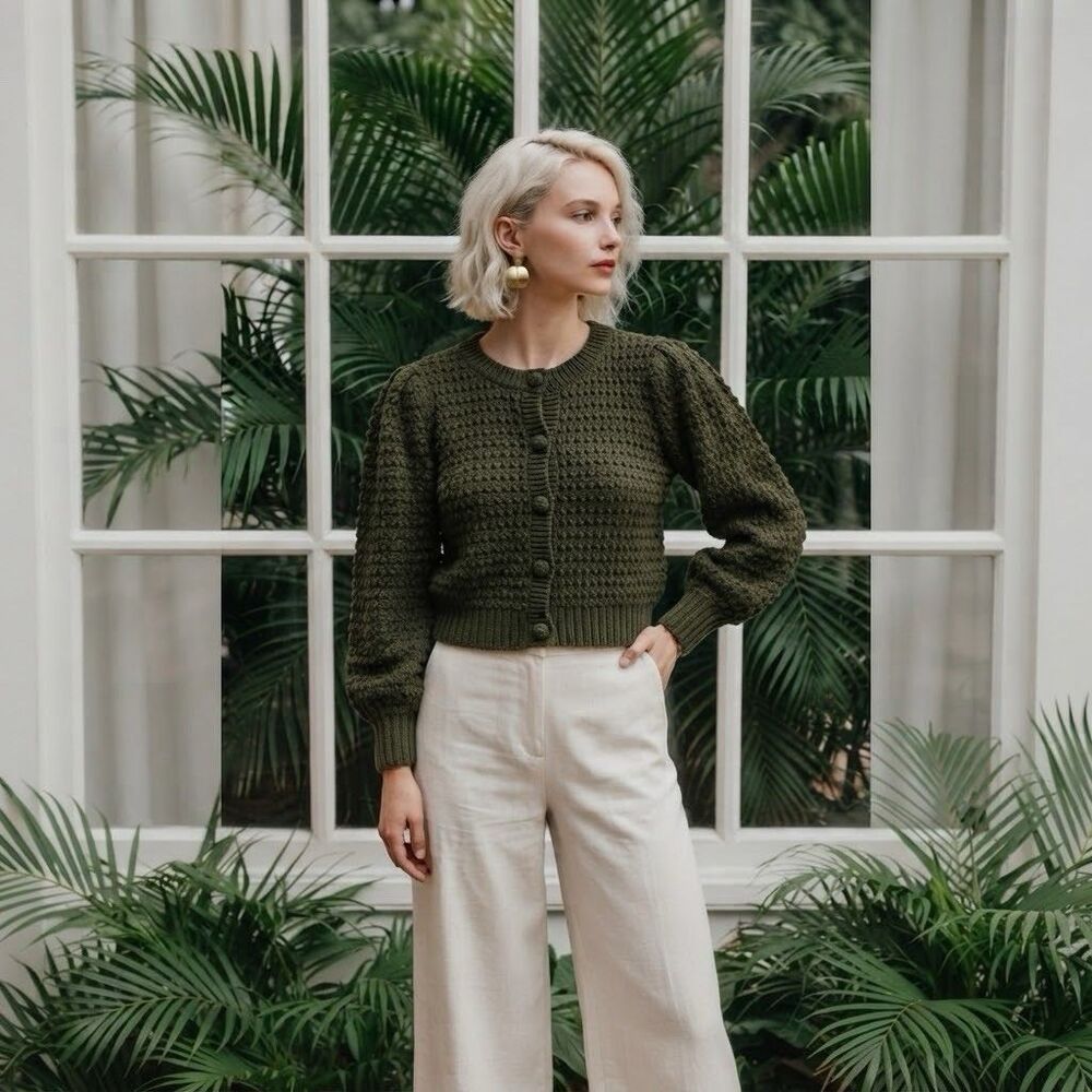 NWT Caroline Constas Olive Open Knit Cardigan size S Cotton Preppy Fall Coastal